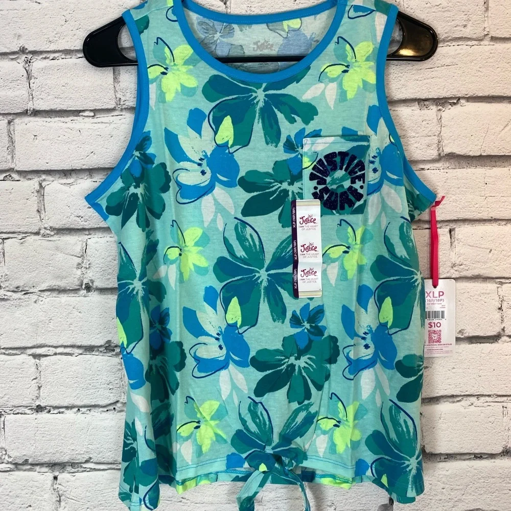 2 Justice Girls Pink Purple Blue Floral Sleeveless Shirt Tank Top XLP (16/18)